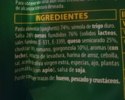 Lista de ingredientes del producto Spaghetti 3 quesos Gallina Blanca 