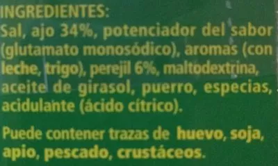 Lista de ingredientes del producto Sazonador ajo y perejil granulado Gallina Blanca 