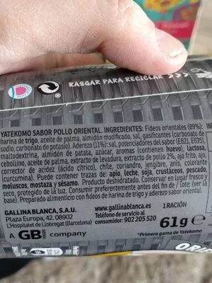 Lista de ingredientes del producto Fideos Orientales Yatekomo Gallina Blanca Gallina Blanca 61 g