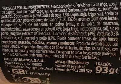 Lista de ingredientes del producto Yakisoba pollo Gallina Blanca 93 g