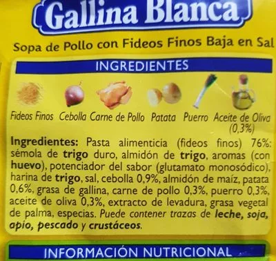 Lista de ingredientes del producto Sopa de pollo con fideos finos baja sal Gallina Blanca 