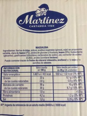 Lista de ingredientes del producto Magdalenas cuadradas con azúcar crujiente Martinez 