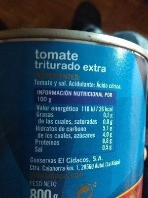 Lista de ingredientes del producto Tomate triturado extra Cidacos 