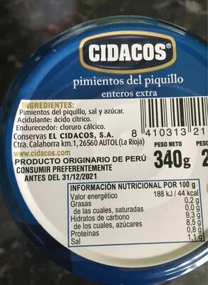 Lista de ingredientes del producto Pimiento del piquillo Cidacos 340  g / 275 g escurrido