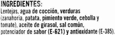 Lista de ingredientes del producto Lentejas a la jardinera Cidacos 420 g (neto), 425 ml