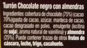 Lista de ingredientes del producto Turrón de chocolate negro con almendras 1880 250 g