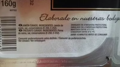 Lista de ingredientes del producto Jamón curado medias lonchas Navidul 