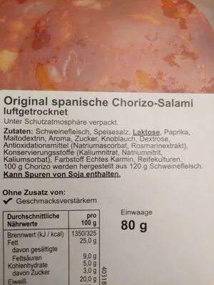 Lista de ingredientes del producto Original spanische Chorizo-Salami Wilhelm Brandenburg 80g