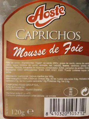 Lista de ingredientes del producto Mousse de foie Aoste 120 g