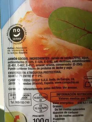 Lista de ingredientes del producto Jamón cocido lonchas sin gluten sin lactosa Campofrio 90 g