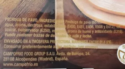 Lista de ingredientes del producto Pechuga de pavo Campofrio 