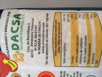 Lista de ingredientes del producto Arroz redondo extra d.o. valencia Dacsa 