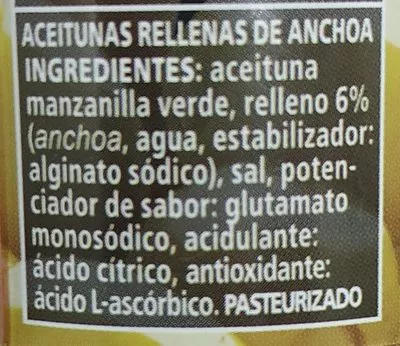 Lista de ingredientes del producto Aceituna rellenas de anchoa Serpis 120 g