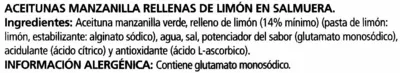 Lista de ingredientes del producto Aceitunas verdes rellenas de pasta de limón "Serpis" Serpis 170 g (neto), 90 g (escurrido)