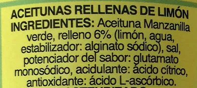 Lista de ingredientes del producto Aceitunas rellenas al limón lata 130 g El Torreón 300 g neto, 130 g escurrido