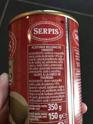 Lista de ingredientes del producto Aceitunas rellenas de pimiento Serpis 350 g