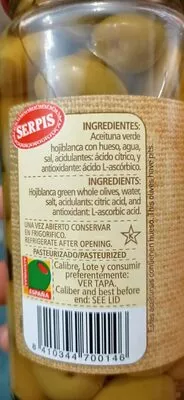 Lista de ingredientes del producto Aceitunas en salmuera con hueso Serpis 