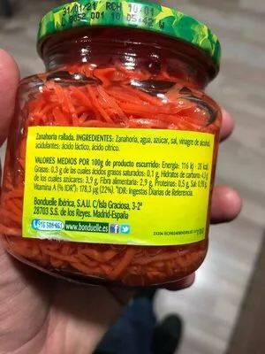 Lista de ingredientes del producto Zanahoria rallada Bonduelle 205 g