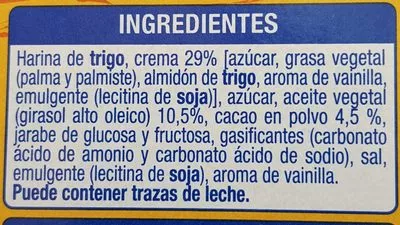 Lista de ingredientes del producto Galleta de Cacao Rellena de Crema Selecta 220 g (5 x 44 g)