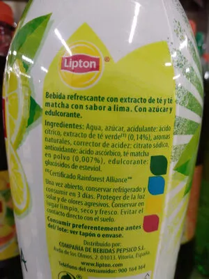 Lista de ingredientes del producto Té verde matcha lima yuzu Lipton 