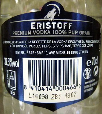 Lista de ingredientes del producto Vodka Eristoff 70 cl