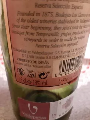 Lista de ingredientes del producto Reserva 2013 Valdepeñas Señorío de los Llanos 15 cl