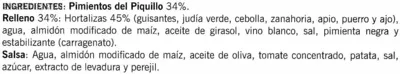 Lista de ingredientes del producto Pimientos del piquillo rellenos de verduras Carretilla 280 g (neto)