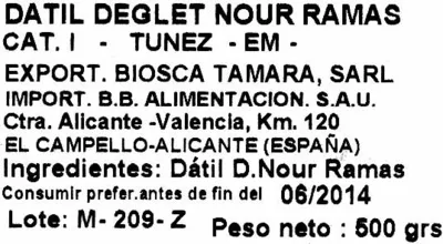 Lista de ingredientes del producto Datines deglet nour en rama de tunez El Monaguillo 500 g