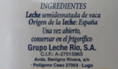 Lista de ingredientes del producto Leche semidesnatada de vaca Leyma 1 l