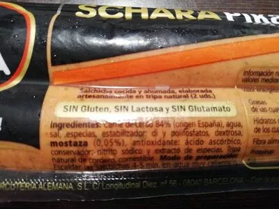 Lista de ingredientes del producto Pikante salchichas cocidas y ahumadas de cerdo Schara 