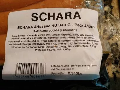 Lista de ingredientes del producto Artesano salchichas frankfurt cocidas y ahumadas Schara 