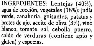 Lista de ingredientes del producto Lentejas con vegetales Mamía 400 g (neto), 425 ml