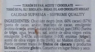 Lista de ingredientes del producto Turron pan, aceite, sal y chocolate Vicens 250 g