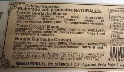 Lista de ingredientes del producto  Vicens 