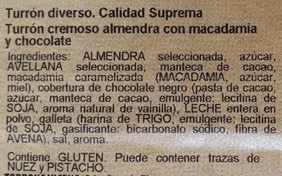 Lista de ingredientes del producto Turron cremoso almendra con macadamia Vicens 300 g