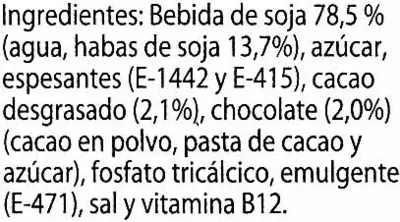 Lista de ingredientes del producto Postre de soja chocolate - DESCATALOGADO Danone 400 g (4 x 100 g)