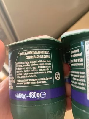 Lista de ingredientes del producto Activia con frutos del bosque Danone 480 g