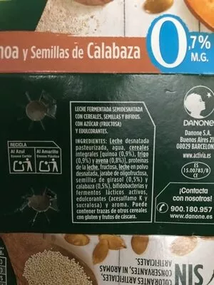 Lista de ingredientes del producto Activia Quinoa y Semillas de Calabaza Danone 