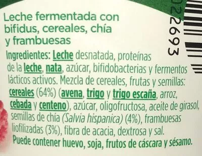 Lista de ingredientes del producto Mix&go bífidus con muesli y frambuesa Danone 170 g