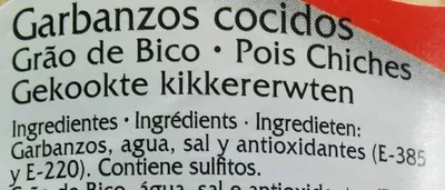 Lista de ingredientes del producto Garbanzos Luengo 570 g neto, 400 g escurrido, 580 ml