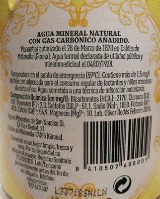 Lista de ingredientes del producto Agua mineral natural con gas San Narciso 