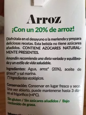 Lista de ingredientes del producto Bebida de arroz  