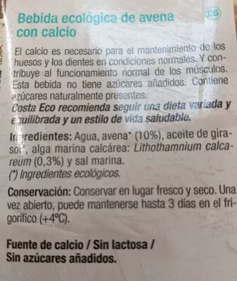 Lista de ingredientes del producto Bebida ecológica de avena con calcio  