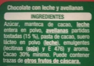 Lista de ingredientes del producto Chocolate con leche y avellanas troceadas Auchan 