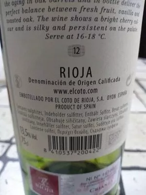 Lista de ingredientes del producto El Coto Crianza Vino X750ML el coto 75cl