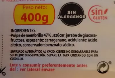 Lista de ingredientes del producto Dulce de membrillo primera El Quijote 400 g