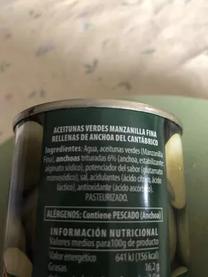 Lista de ingredientes del producto Aceitunas verdes rellenas de anchoa del Cantábrico Jolca 