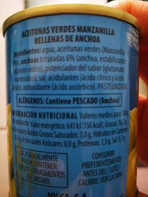 Lista de ingredientes del producto Aceitunas rellenas de anchoa Jolca 