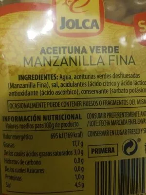 Lista de ingredientes del producto Aceituna verde Jolca 