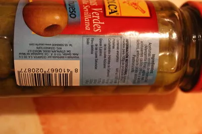 Lista de ingredientes del producto Aceitunas verdes manzanilla sin hueso Jolca 230 g (neto), 110 g (escurrido)